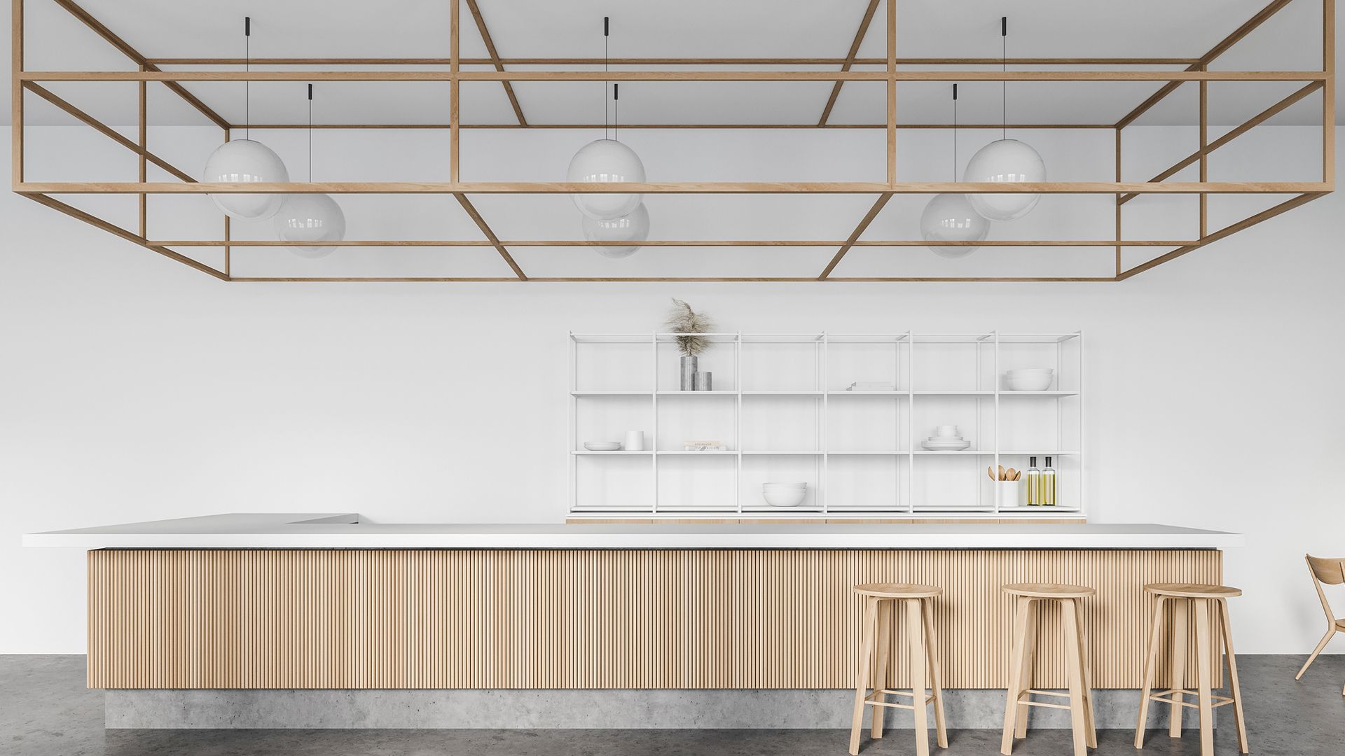 Moderne Küche mit Holztheke, weißen Regalen und geometrischen Deckenleuchten